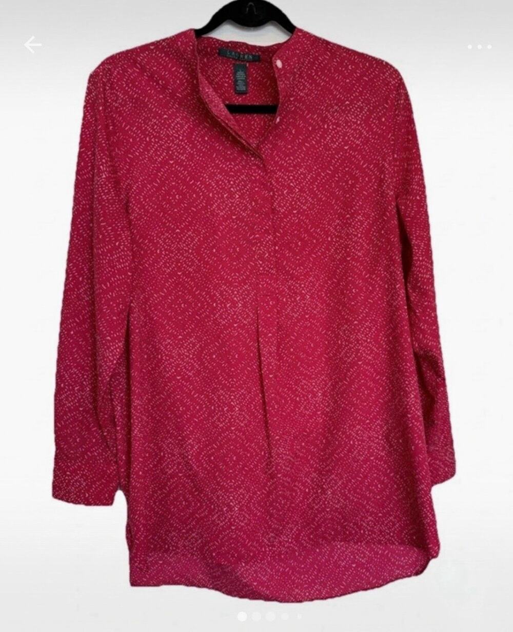 Lauren Ralph Lauren Red/White Geometric Chiffon V-Neck Tunic Blouse L